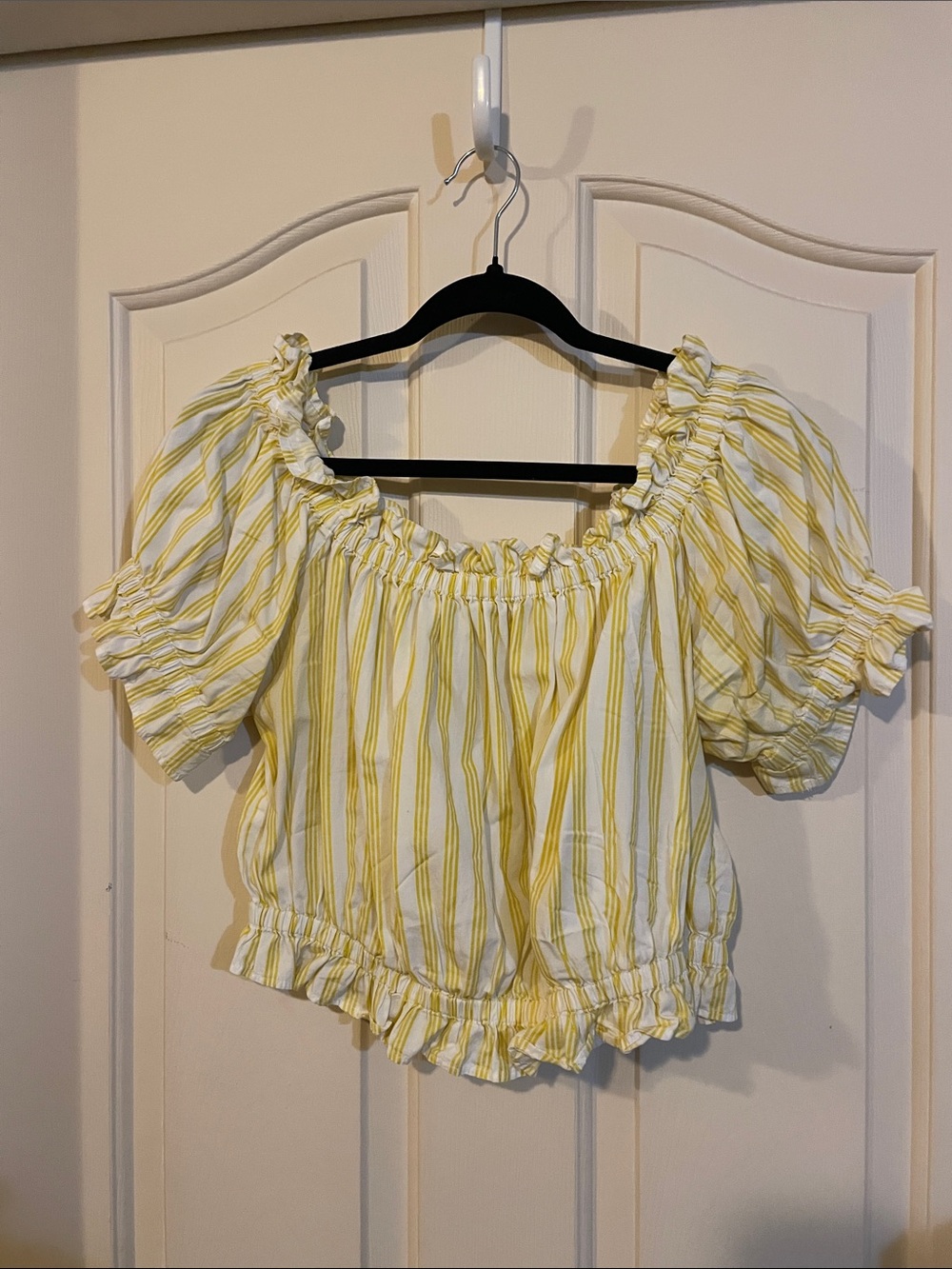 Forever 21 Yellow & White Striped Off-Shoulder Crop Top